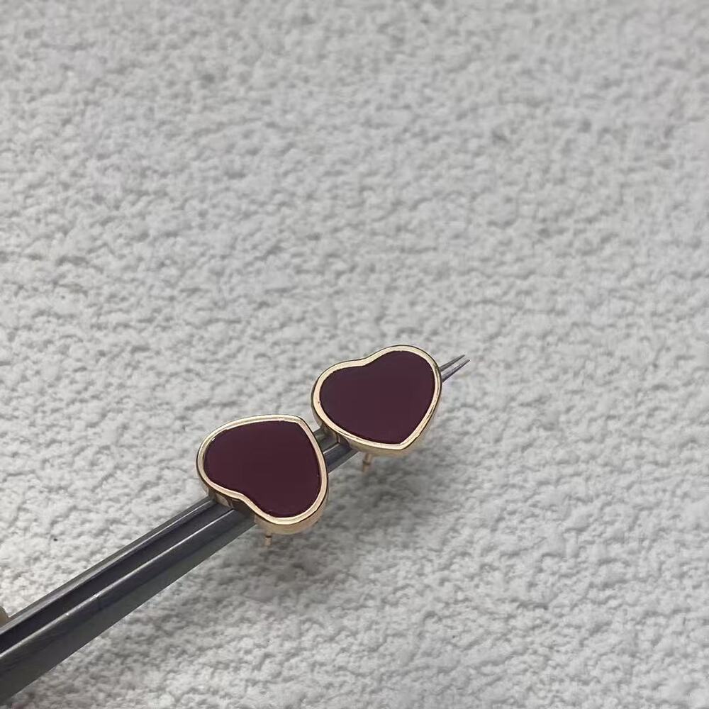 Chopard Red Heart Shape Stud Earrings, Gold Tone Enamel Heart Earrings
